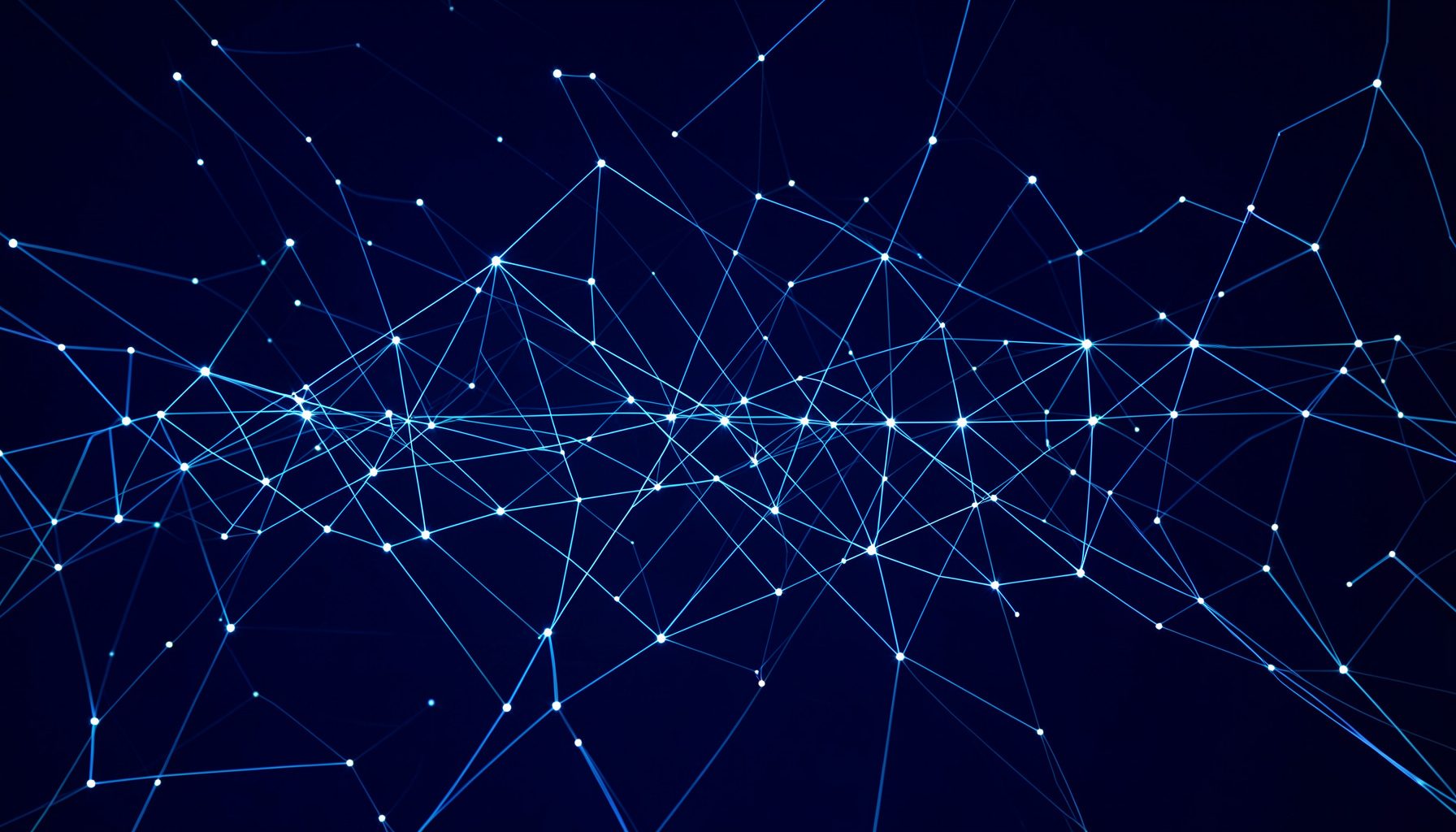 Interconnected glowing lines and nodes over a deep navy background, suggesting a calm and orderly network topology.